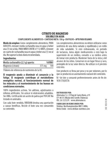 Viridian | Citrato Magnesio en Polvo 150g