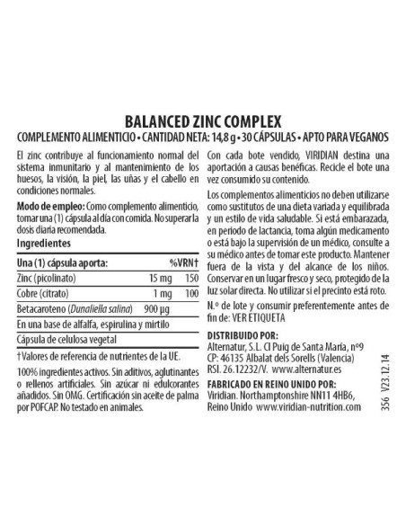 Viridian | Balanced zinc complex 30 cápsulas veganas