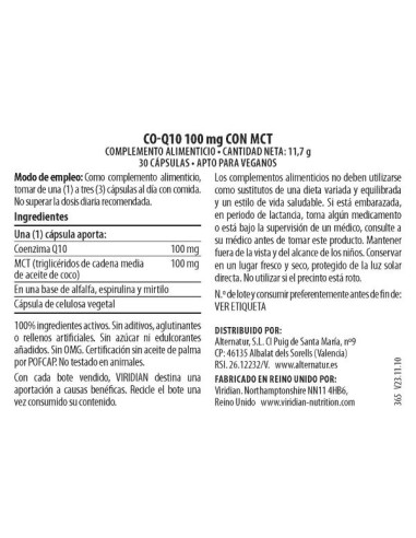 Viridian |  Co-Q10 100mg con MCT 30 cápsulas veganas