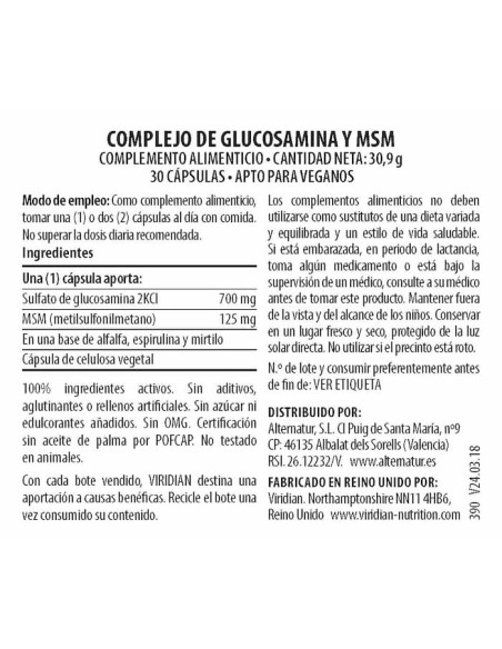 Viridian | Glucosamina MSM 30 Cápsulas Veganas