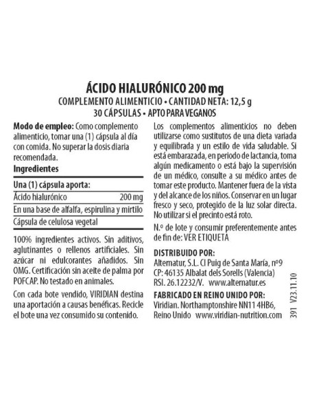 Viridian | Ácido Hialuronico 200 mg 30  Cápsulas Veganas