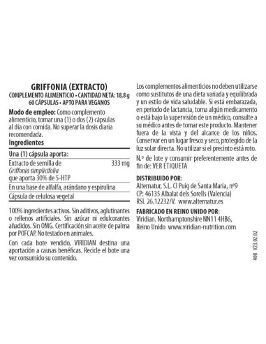 Viridian | Grifonia Extracto 60 cápsulas veganas