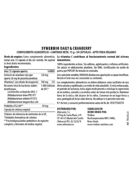 Viridian | Synerbio Diario con Arandano Rojo 30  Cápsulas Veganas