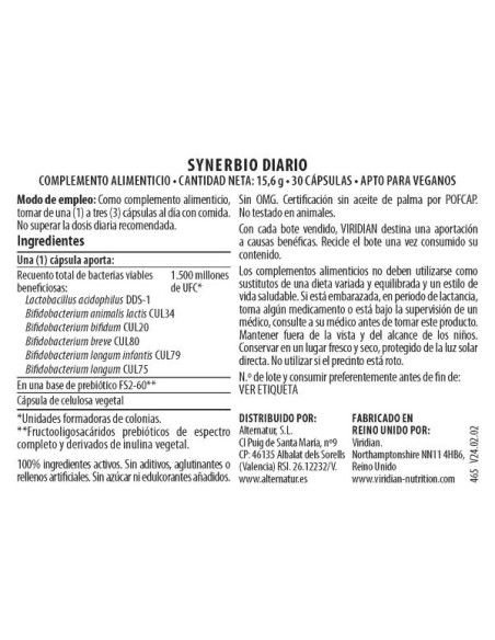 Viridian | Synerbio Diario 30 Cápsulas Veganas