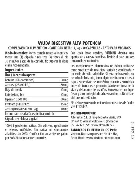 Viridian | Ayuda Digestiva Alta Potencia 30 cápsulas veganas