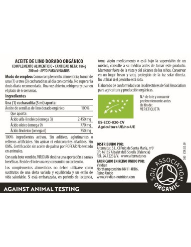 Viridian | 100% Lino Dorado Bio 200ml Fuente Vegana Omega3