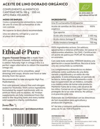 Viridian | 100% Lino Dorado Bio 200ml Fuente Vegana Omega3