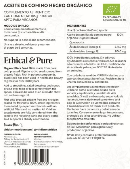 Viridian Aceite Comino Negro Bio 200 ml