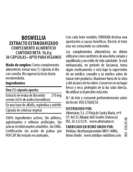 Viridian | Boswellia Resina Extracto Estandarizado 30 cápsulas veganas