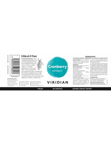 Viridian | Arandano Rojo (Cranberry) Ext. Estanda. 30 Cápsulas Veganas