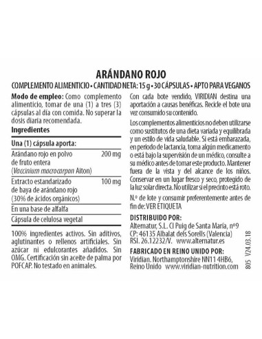 Viridian | Arandano Rojo (Cranberry) Ext. Estanda. 30 Cápsulas Veganas