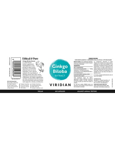 Viridian | Ginkgo Biloba Extra. Estan. de Hoja 60 Cápsulas Veganas