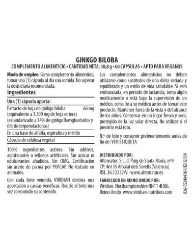 Viridian | Ginkgo Biloba Extra. Estan. de Hoja 60 Cápsulas Veganas