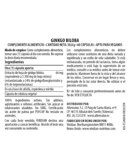 Viridian | Ginkgo Biloba Extra. Estan. de Hoja 60 Cápsulas Veganas