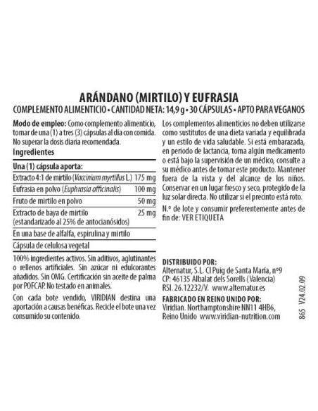 Viridian | Arandano (Mirtilo) y Eufrasia 30 Cápsulas Veganas