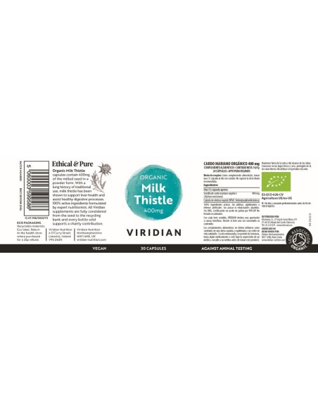 Viridian | Cardo Mariano BIO 400 mg 30 Cápsulas Veganas