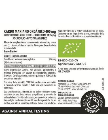 Viridian | Cardo Mariano BIO 400 mg 30 Cápsulas Veganas