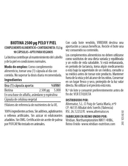 Viridian | Biotina 2500 ug 90 Cápsulas Veganas