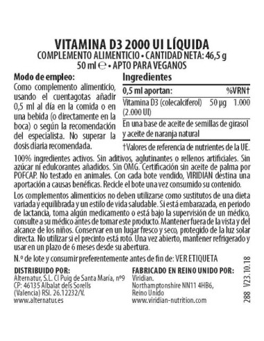 Viridian | Vitamina D3 Liquida Vegana 2000iu 50ml