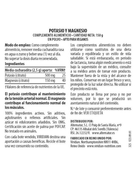 Viridian | Potasio Magnesio Citrato Polvo 150 g