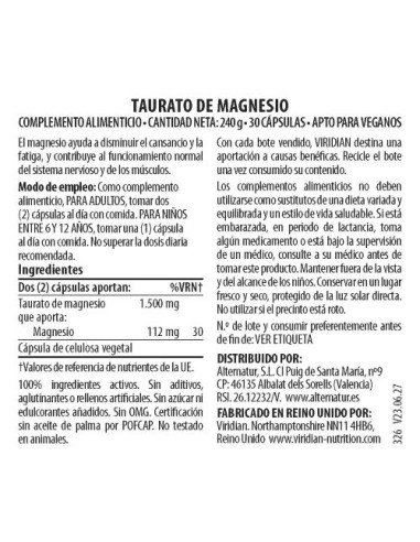 Viridian | Taurato de Magnesio 30 Cápsulas Veganas