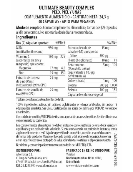 Viridian | Beauty Complex Pelo Piel y Uñas 30 Cápsulas Veganas