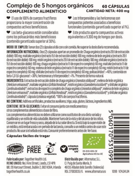 Together Health | Complejo de 5 Hongos Orgánicos 60 Cápsulas Vegetales