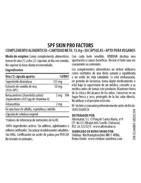Viridian | SPF Skin Pro-Factors 30 Cápsulas Veganas