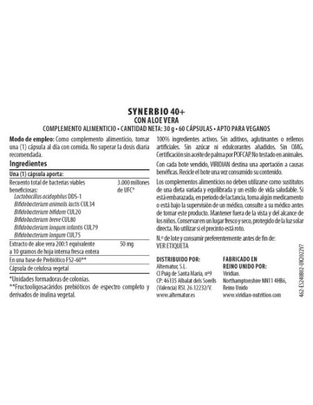 Viridian | Synerbio 40+ 60 Cápsulas Veganas