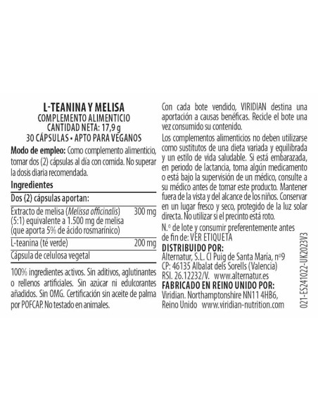 Viridian | L-Teanina y Melisa 30 Cápsulas Veganas