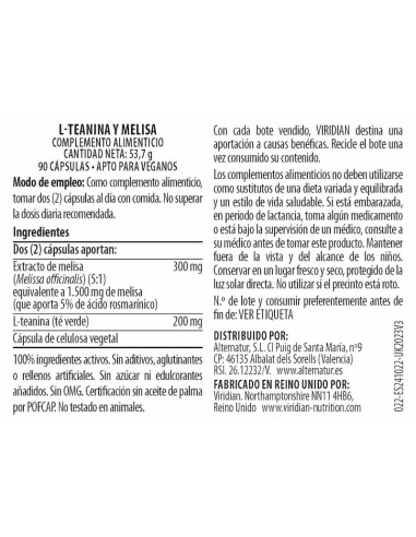 Viridian | L-Teanina y melisa 90 cápsulas veganas