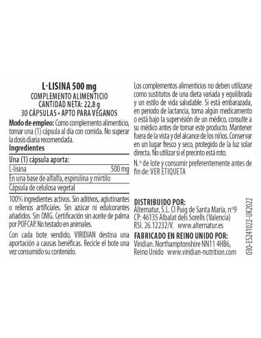Viridian | L-Lisina 500mg 30 Cápsulas Veganas