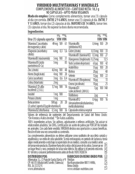 Viridian | Viridikid multivitaminas y minerales 90 cápsulas veganas