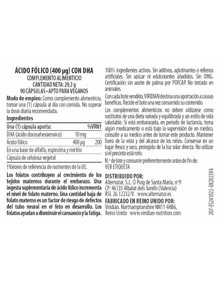 Viridian | Ácido Fólico 400ug con DHA 90 Cápsulas Veganas