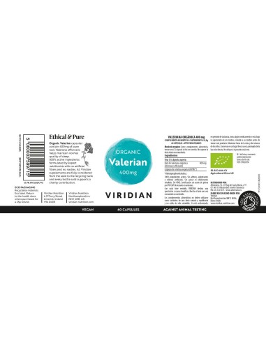 Viridian | Raiz de Valeriana Orgánica 400mg 60 Cápsulas Veganas
