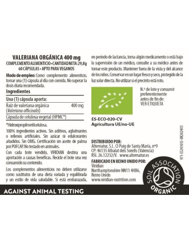 Viridian | Raiz de Valeriana Orgánica 400mg 60 Cápsulas Veganas