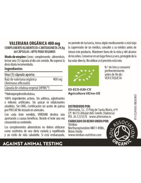 Viridian | Raiz de Valeriana Orgánica 400mg 60 Cápsulas Veganas