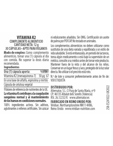 Viridian Vitamina K2 50ug 30 Cápsulas Veganas