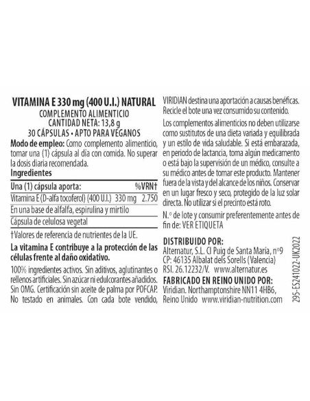Viridian | Vitamina E 330mg (400iu) Natural 30 Cápsulas Veganas