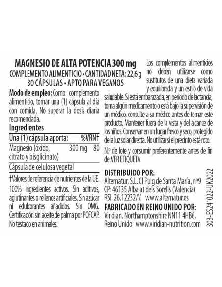 Viridian | Magnesio Alta Potencia 300mg 30 Cápsulas Veganas