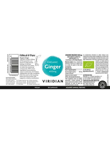 Jengibre Raiz Bio 400mg 30 Cápsulas Veganas