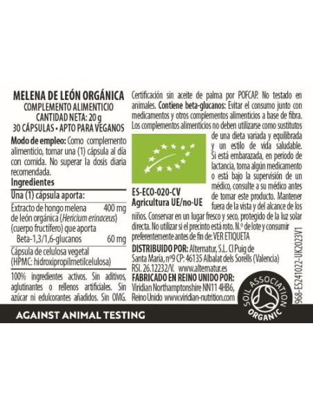Viridian | Melena de León Organica Extracto 30 Cápsulas Veganas