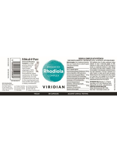 Viridian |  Rodiola complex alta potencia 30 cápsulas veganas
