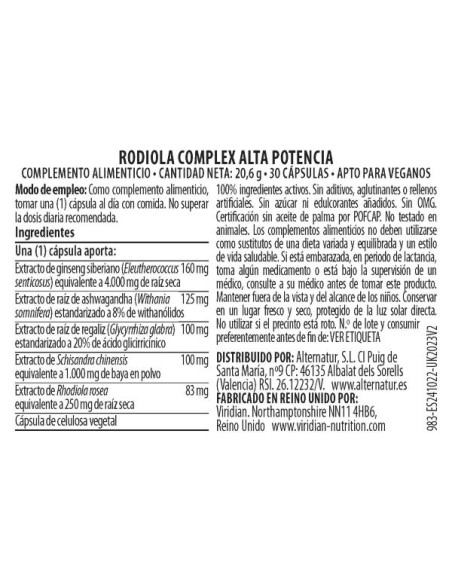 Viridian |  Rodiola complex alta potencia 30 cápsulas veganas