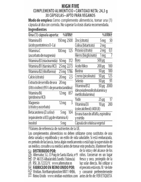 Viridian High Five Formula Multivitaminas y Minerales 30 Cápsulas Veganas