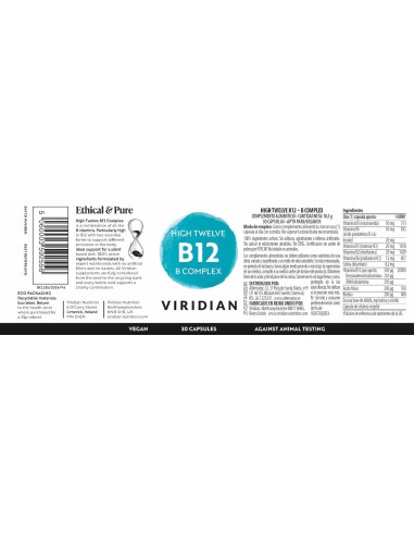 Viridian | High Twelve Vitamina B12 B - Complex 30 Cápsulas Veganas