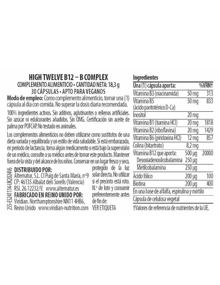 Viridian | High Twelve Vitamina B12 B - Complex 30 Cápsulas Veganas