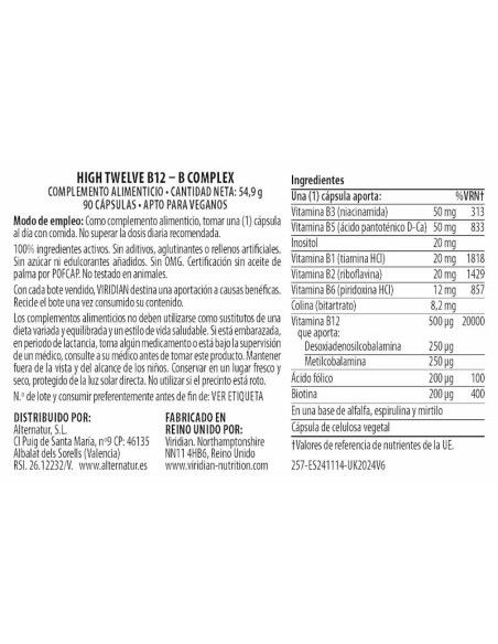 Viridian | High Twelve Vitamina B12 B-complex 90 Cápsulas Veganas