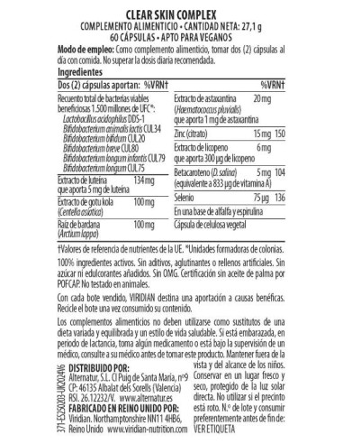 Viridian | Clear Skin Complex 60  Cápsulas Veganas