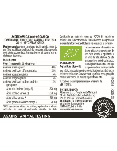 Viridian | Aceite Omega 3:6:9 Bio 200 ml Vegano